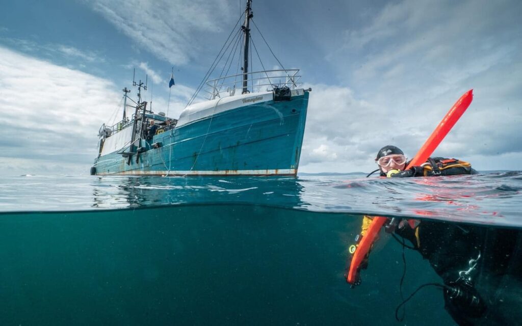 Split view over/under the water. Scuba diver with surface marker buoy in foreground, green ship in background.