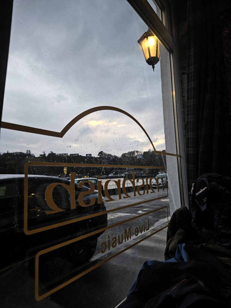 View through a window to the street. The window has Mishnish written on.