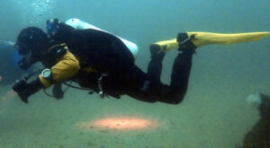 Side profile of diver with black and yellow suit and yellow fins
