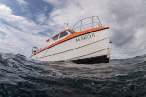 Dive boat Mako II, a white boat with orange trim